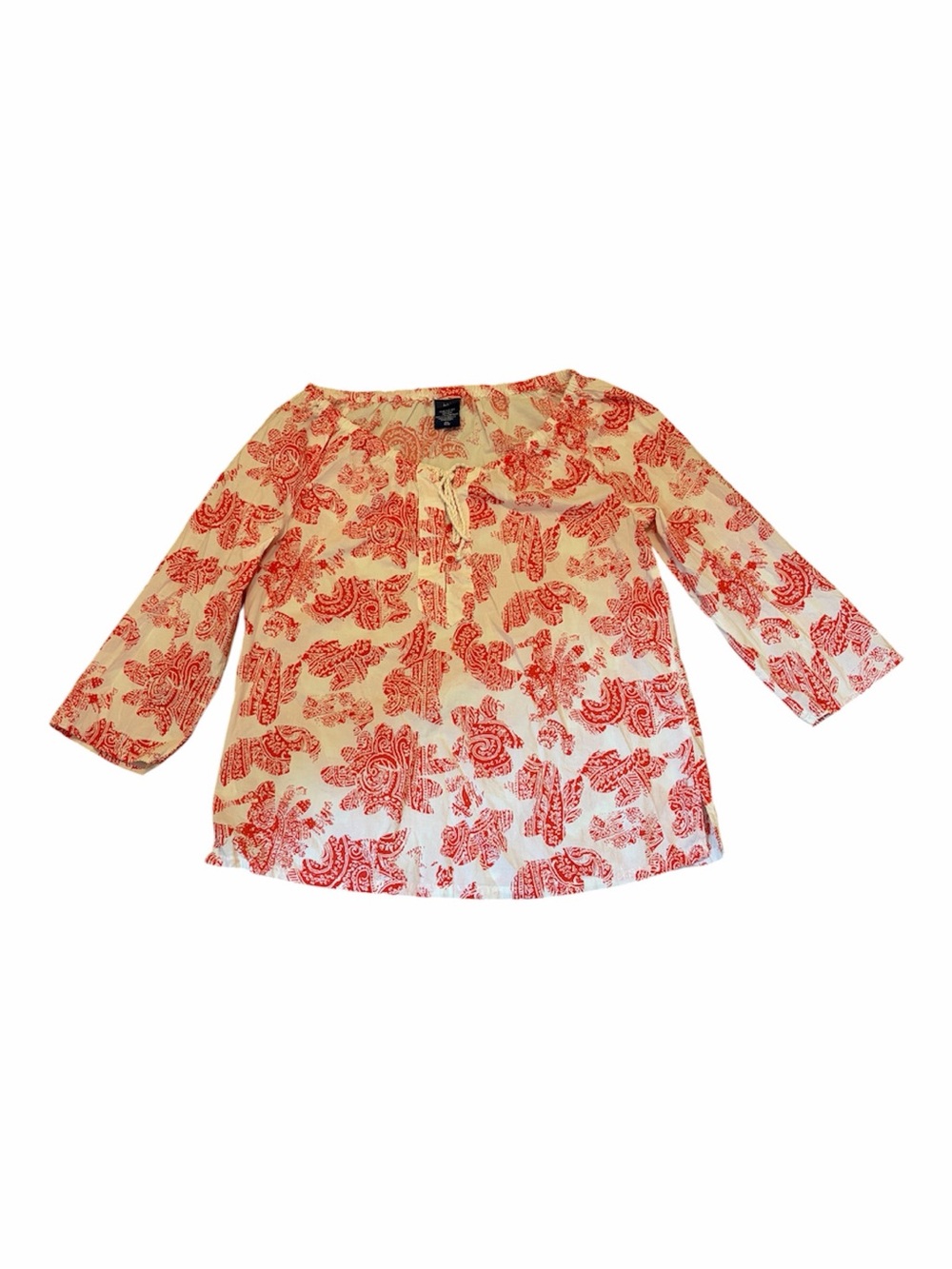 Basic Editions Boho Women’s Red & White Paisley Print Peasant Blouse 3/4 Sleeve